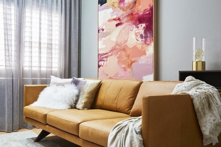 the block 2017 jason and sarah's media room tan leather sofa