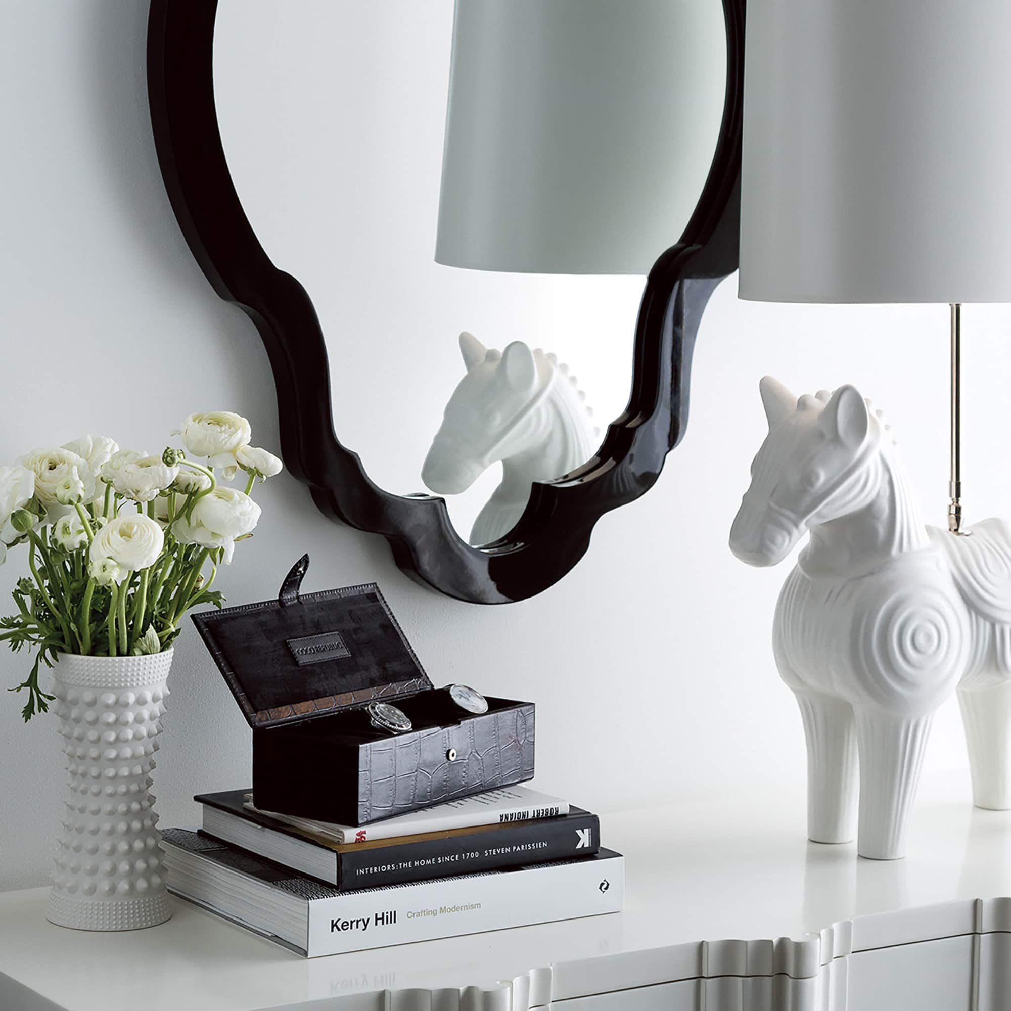 coco republic styling white ceramic horse on sideboard