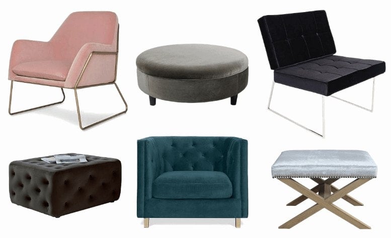 blush velvet armchair and ottoman mood board