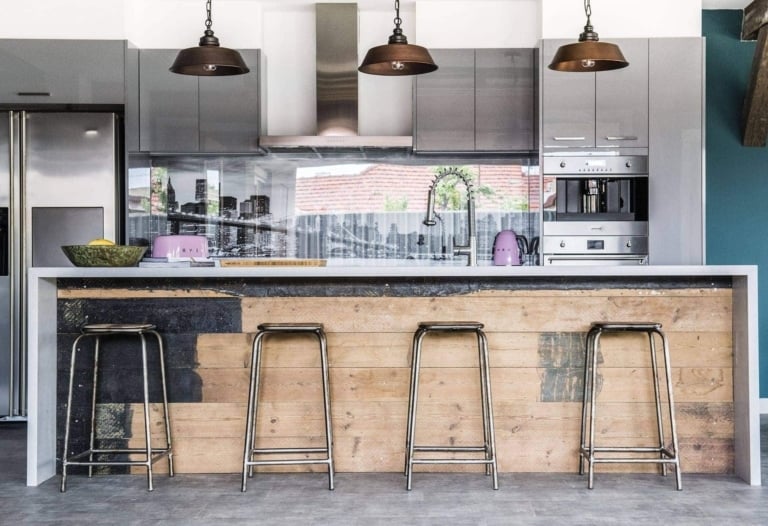 House Rules 2018 Jess and Jared kitchen with industrial pendants over bench