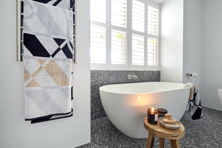 the block 2018 ensuites hand and courtney terrazzo bathroom tiles