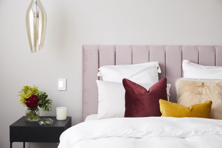the block 2018 master bedrooms hans and courtney upholstered pink headboard