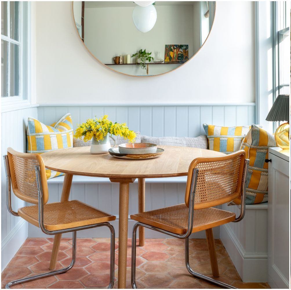 small wrap around timber banqyette seating ideas blue