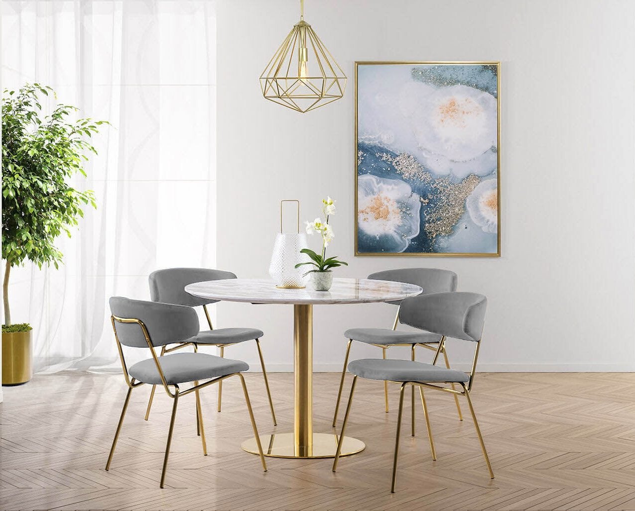 white marble top small dining table with gold brass base