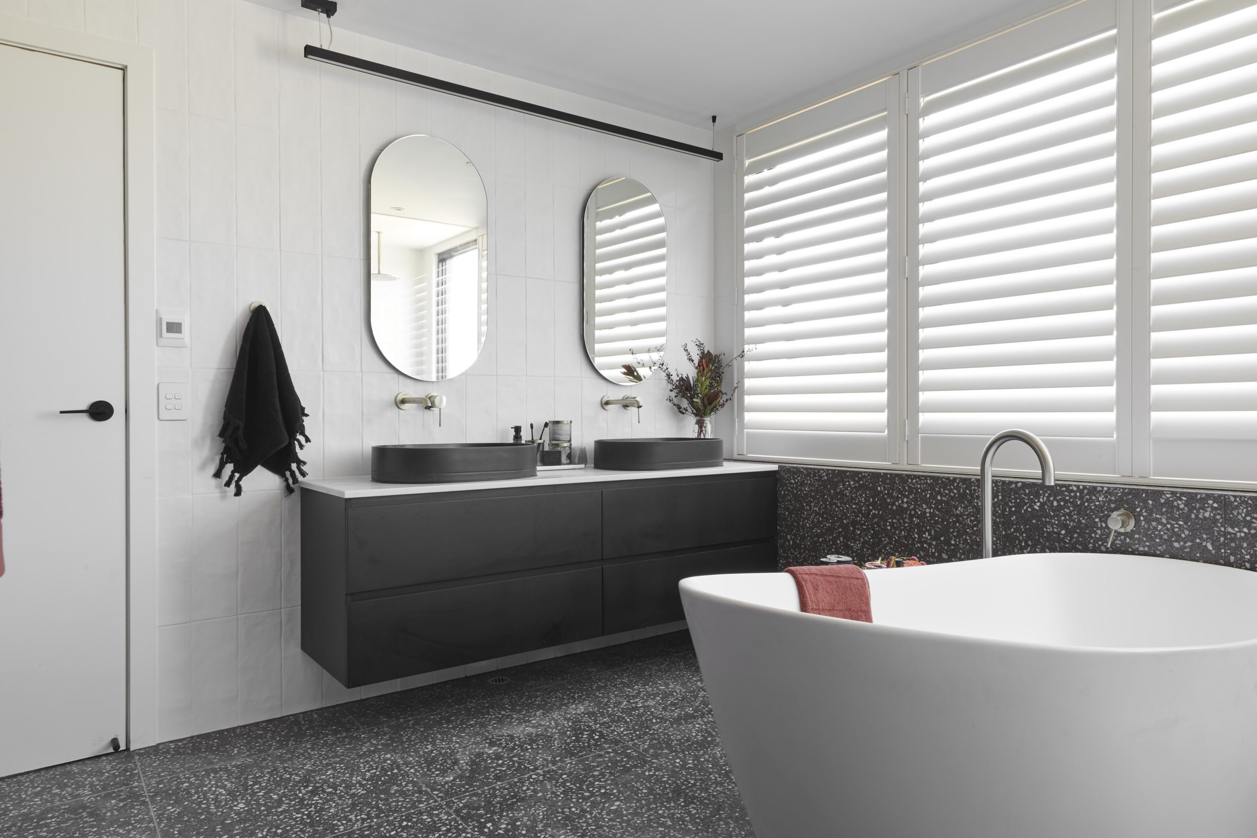 the block tess and luke bathroom with brushed nickel tapware