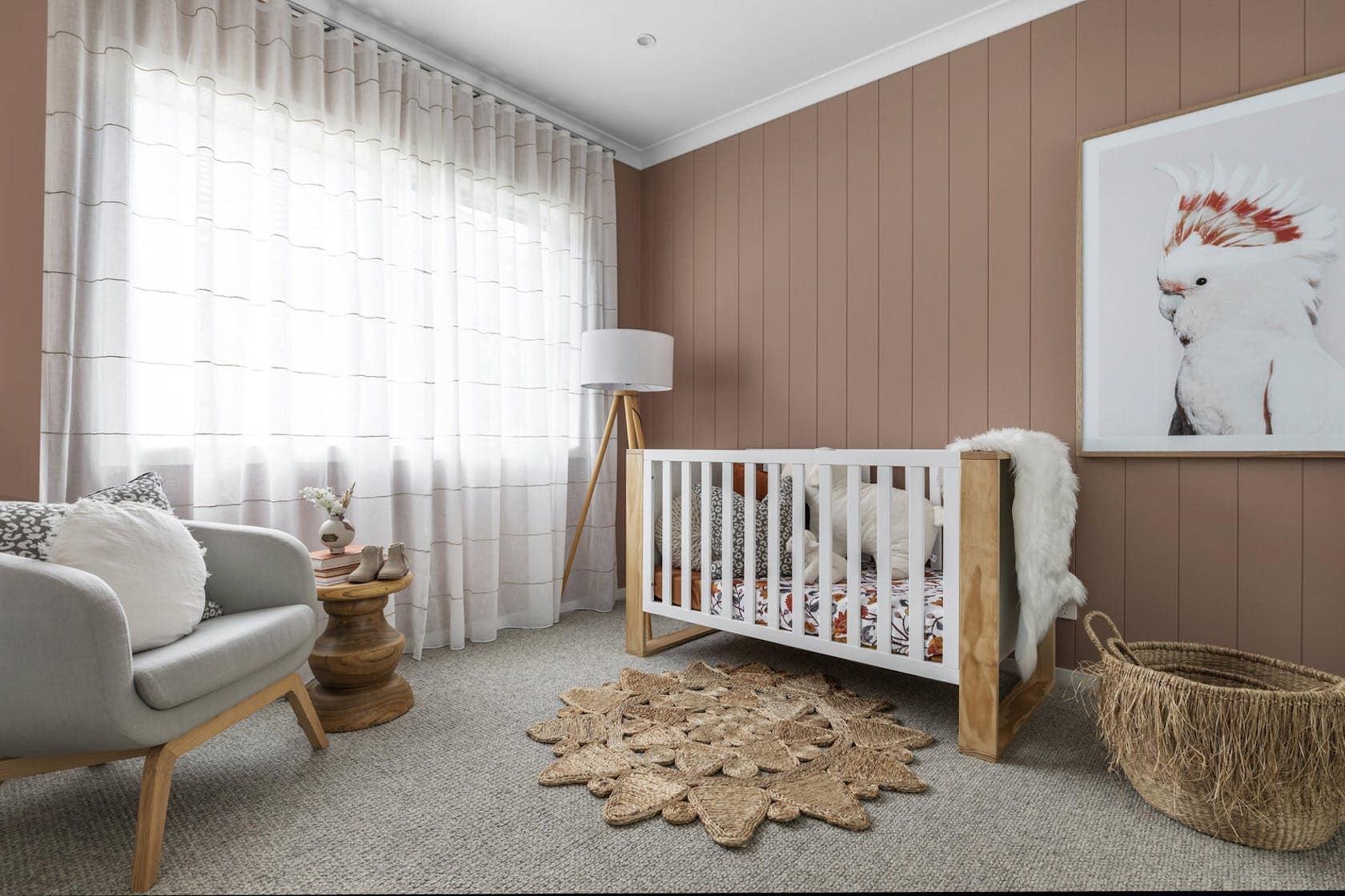 gender neutral nursery with clay vj wall panelling