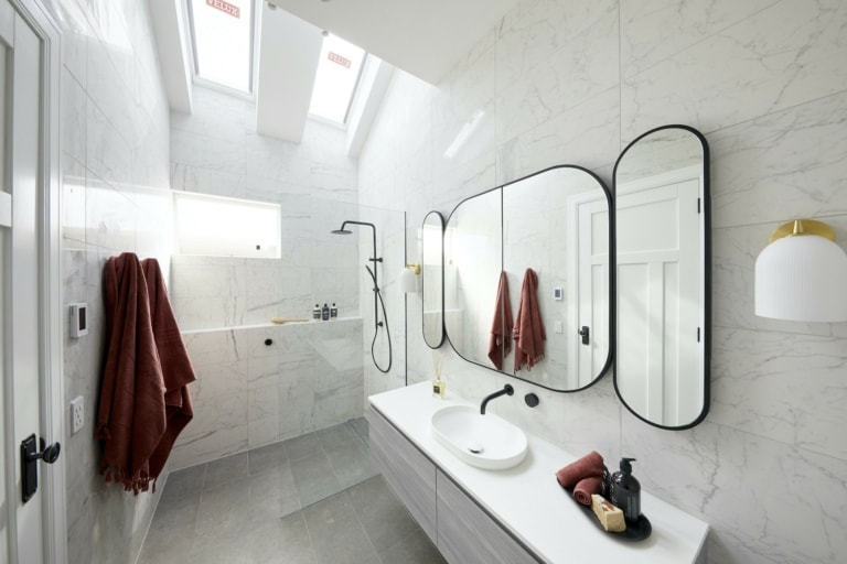 the block 2020 guest ensuites daniel and jade modern luxe black and white bathroom
