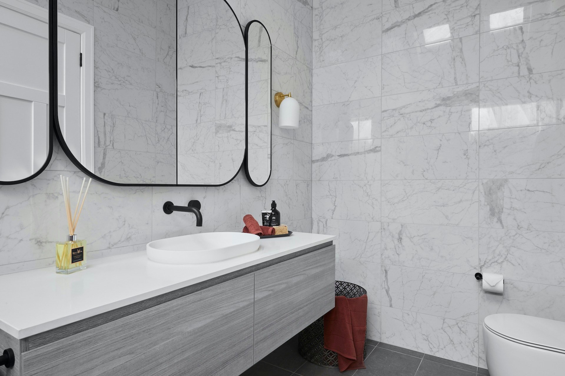 The Block 2020 Guest Ensuites: Style Wins and Major Sins 9 the block 2020 guest ensuites daniel and jade modern luxe white marble bathroom tiles with black accents