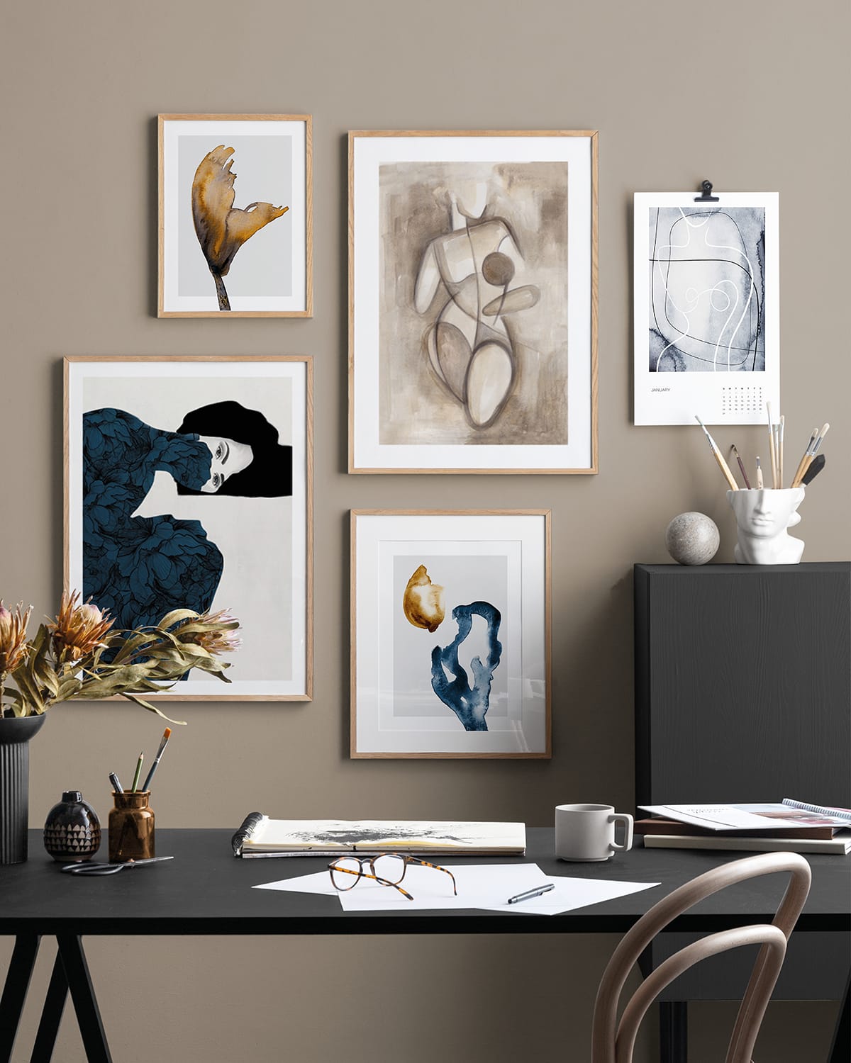 desenio watercolour art prints in oak frames home office gallery wall artworks