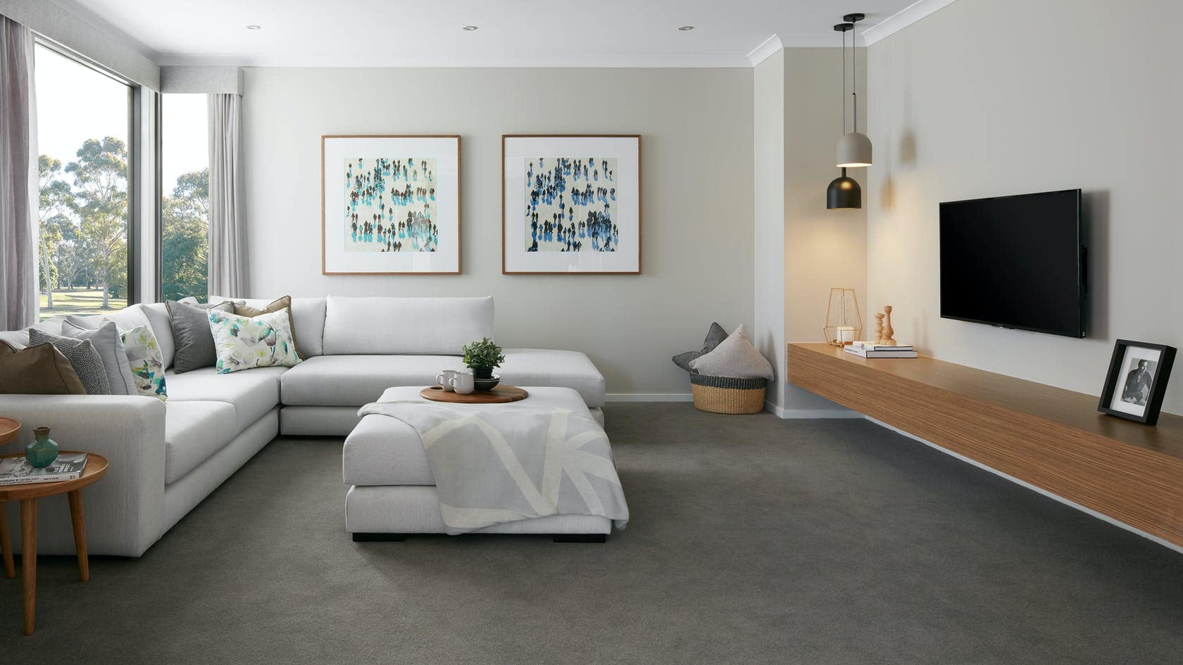 living room with grey pencil pleat sheer curtains with pelmet