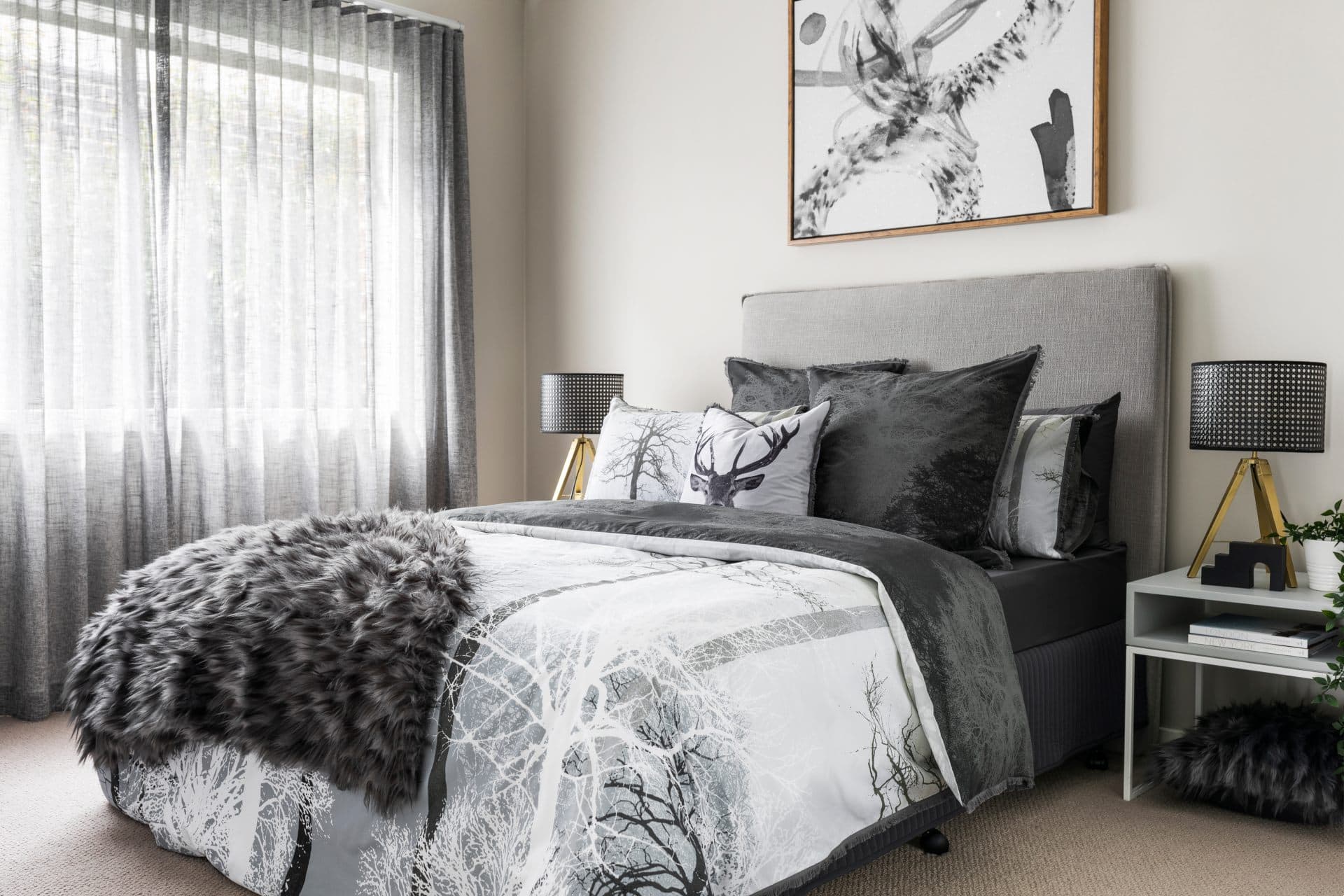 lorraine lea selwyn tree branch quilt cover set in black white and grey bedroom