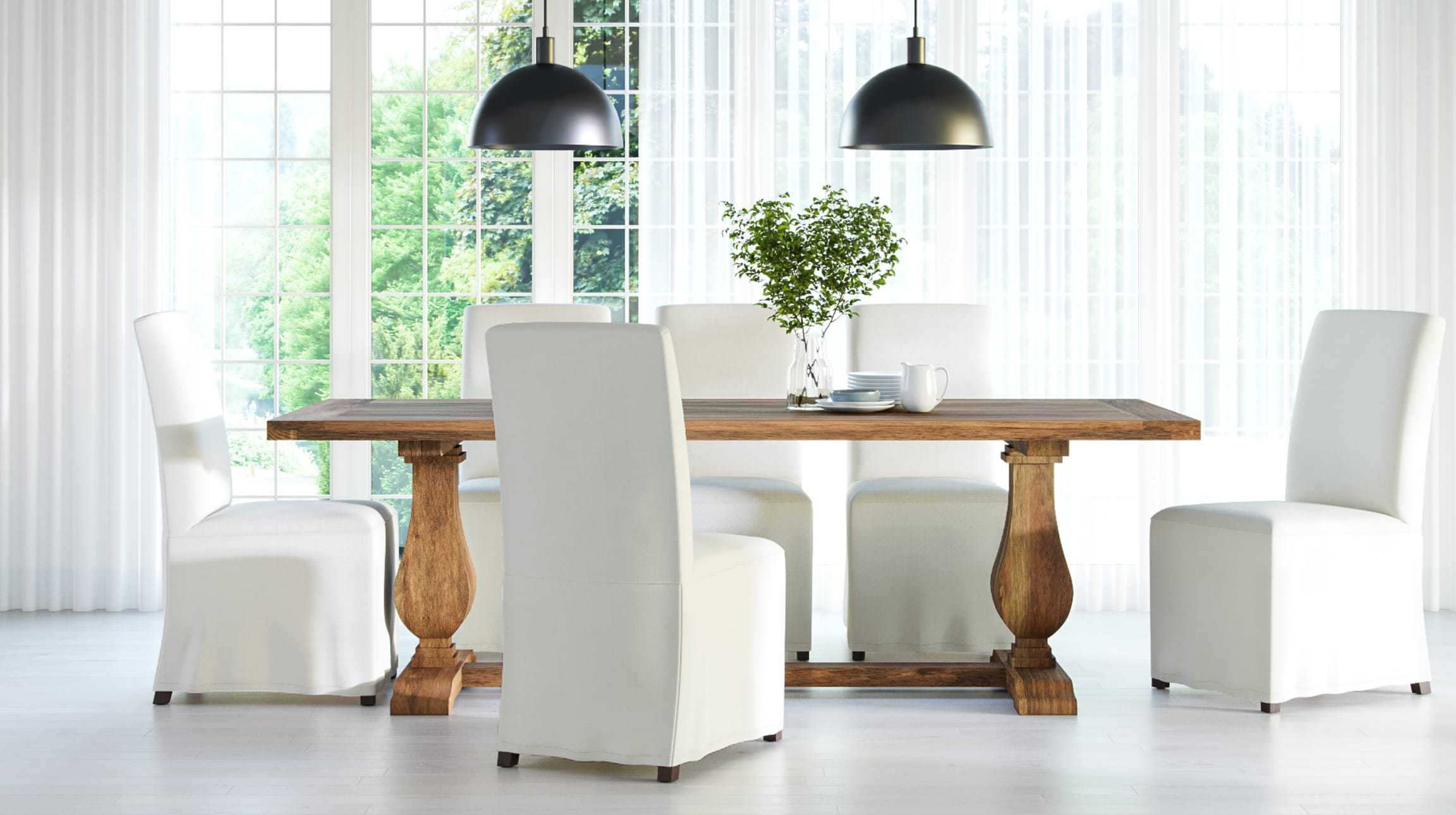 brosa eight seater rectangle provincial dining table with white slipcover chairs