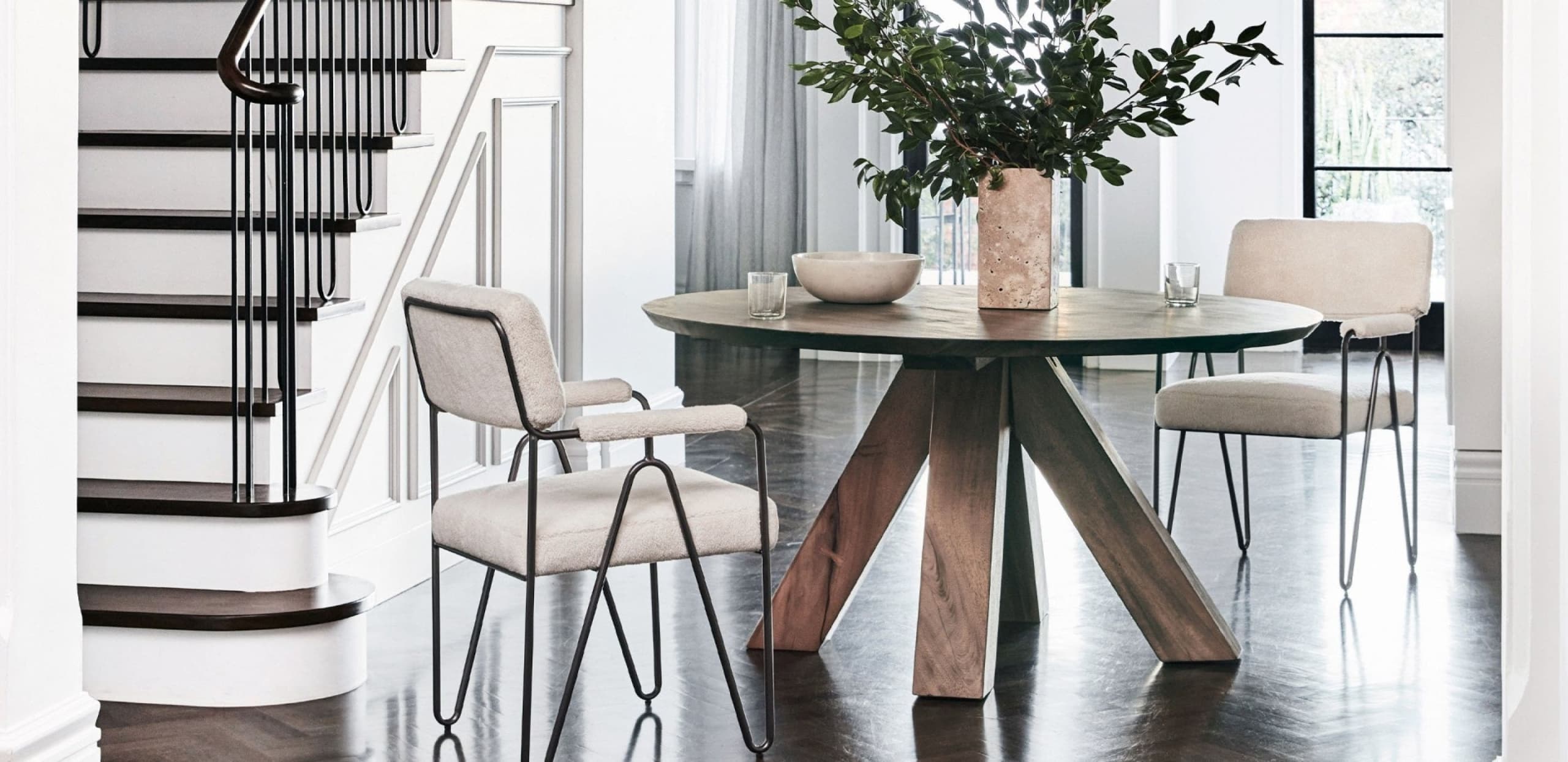 round dining table coco republic with metal frame white textured dining chairs