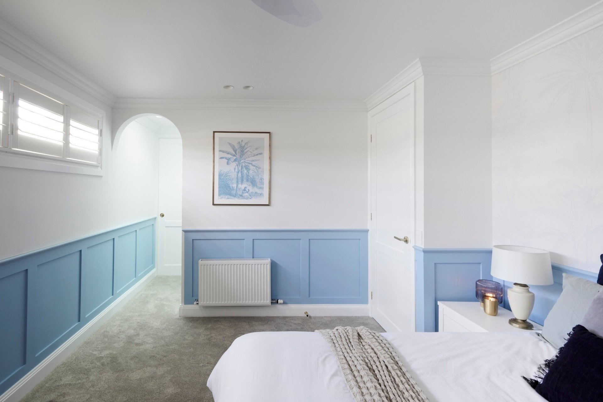 the block 2021 Kirsty and Jesse guest bedroom blue and white walls
