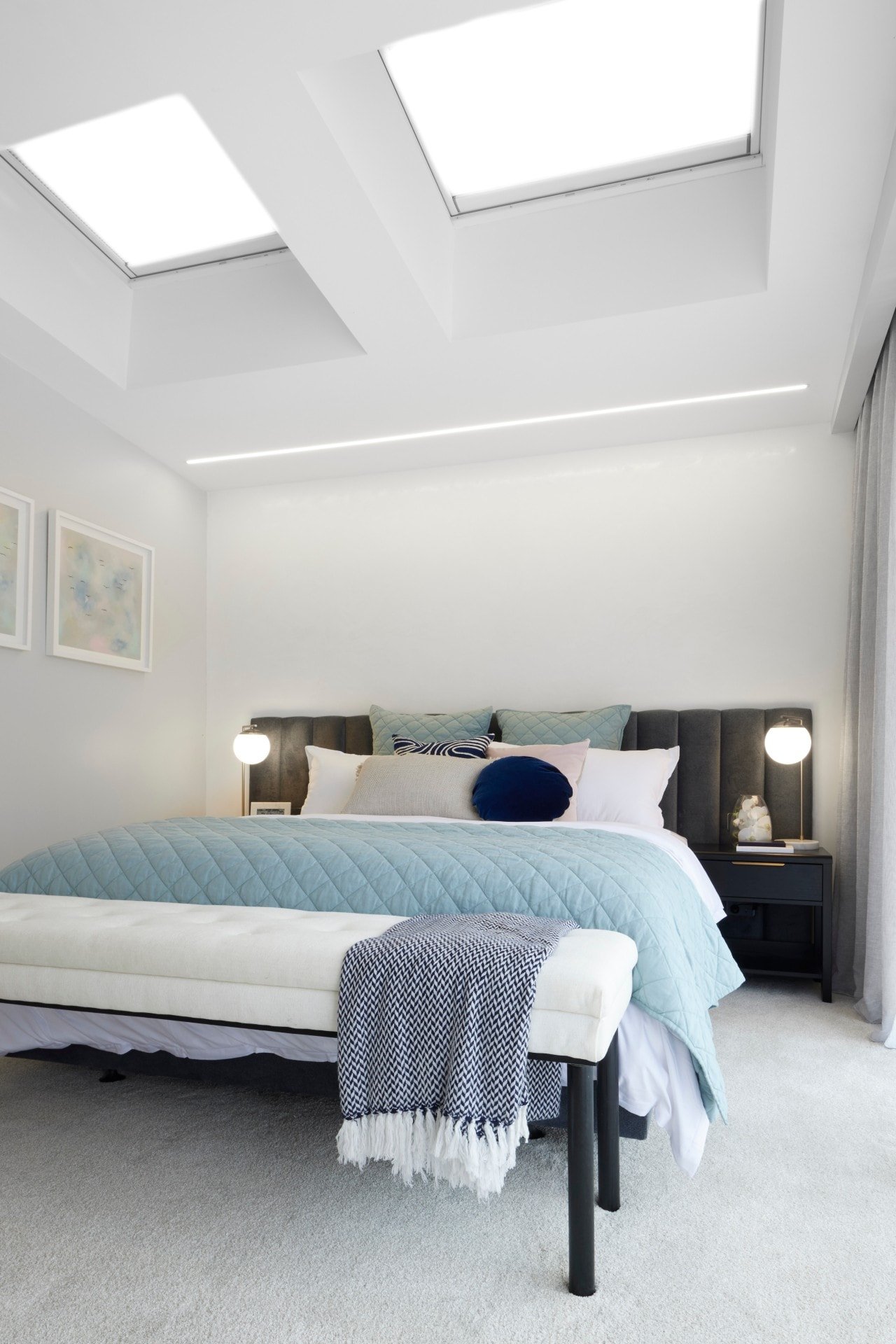 the block 2021 josh and luke master bedroom bed styling and skylights