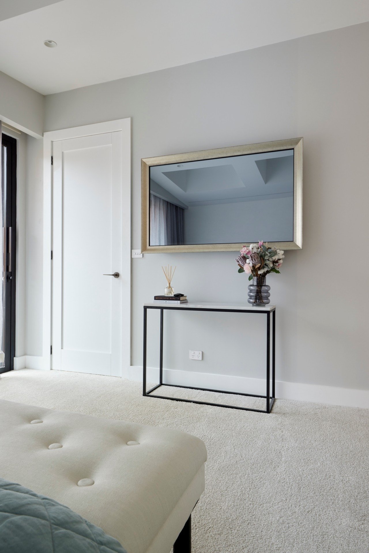 the block 2021 josh and luke master bedroom mirror and console