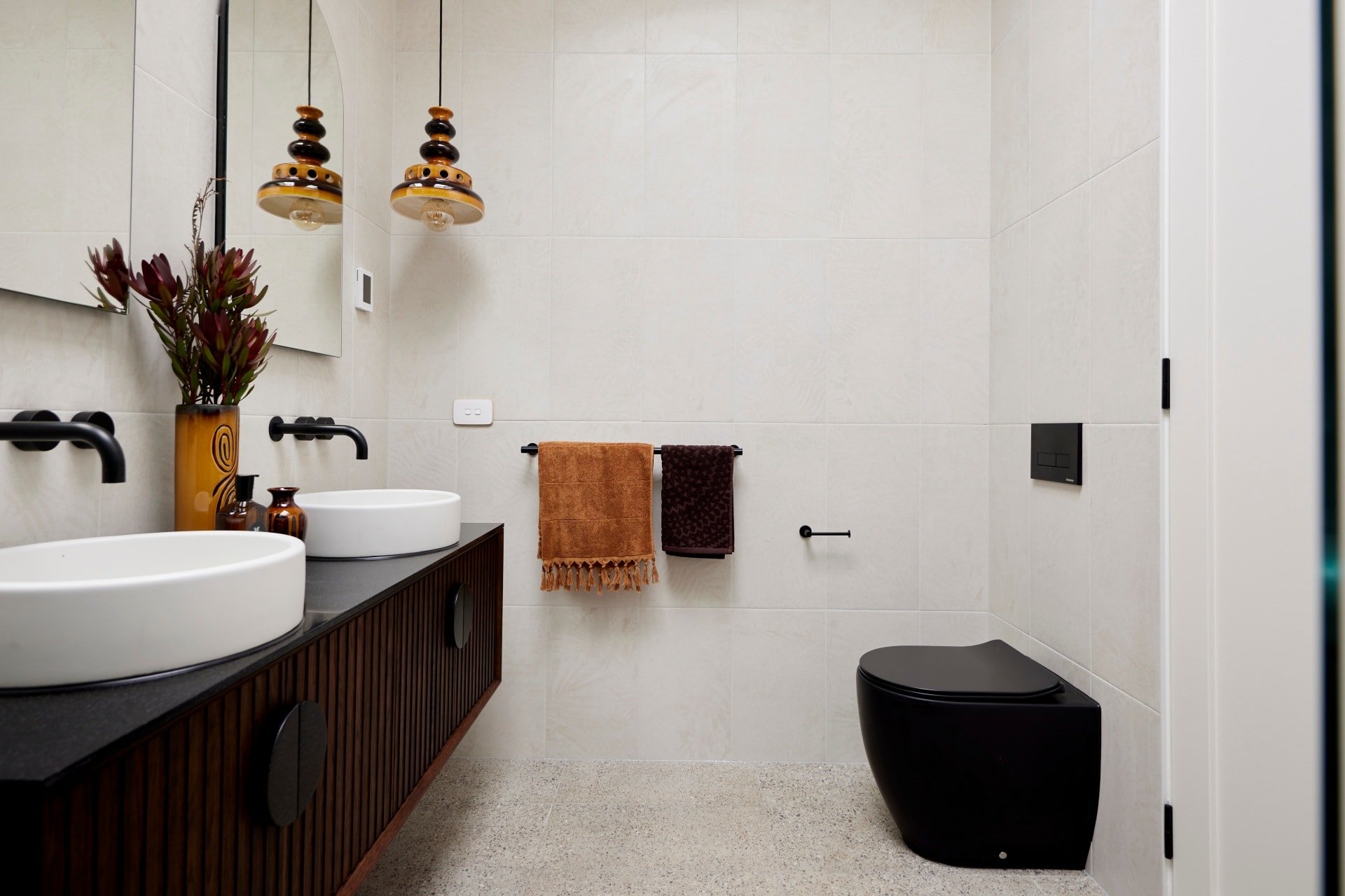the block 2021 tanya and vito master ensuite dark brown floating timber vanity from zuster