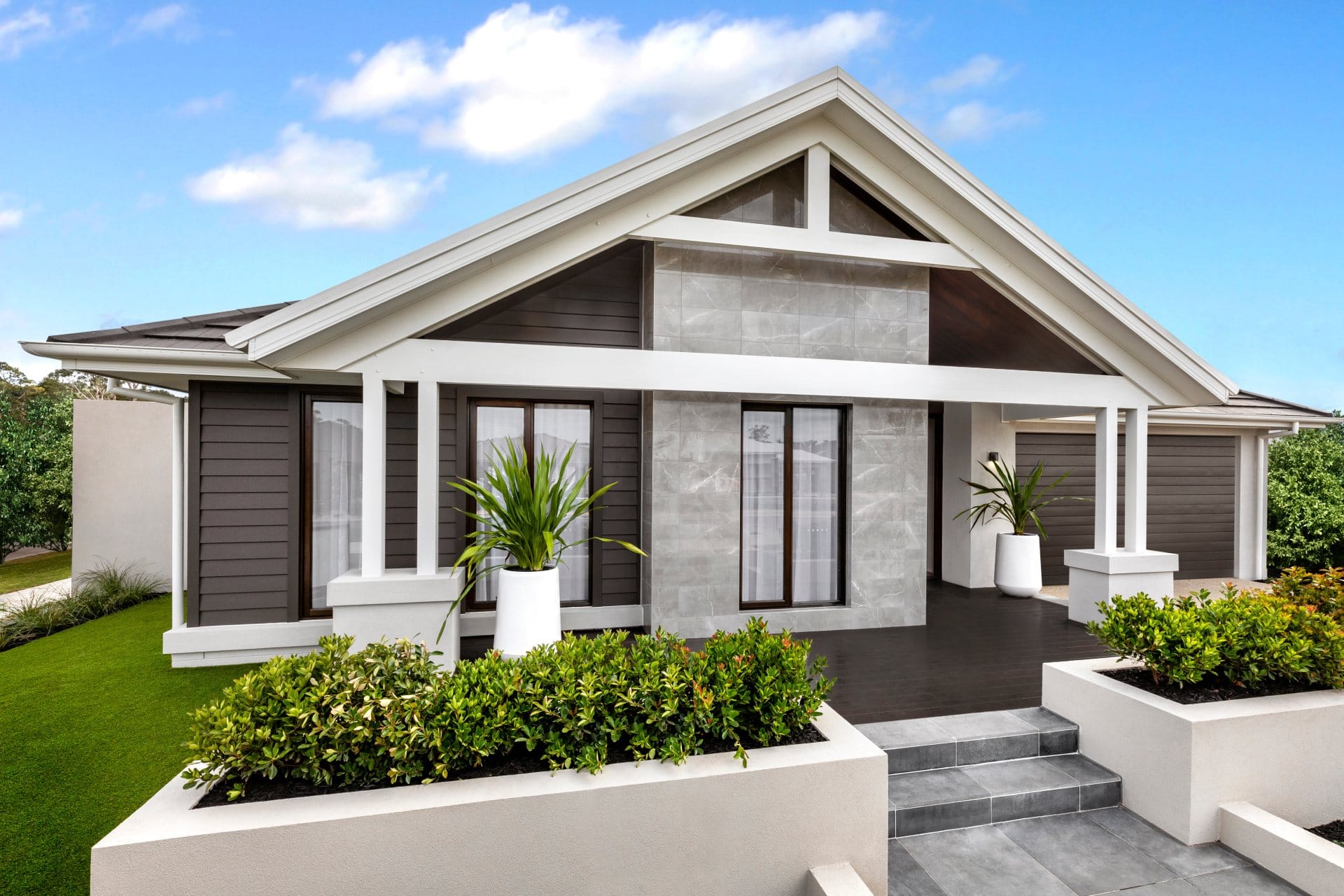 metricon botanica modern home facade design brown grey and white home exterior colours