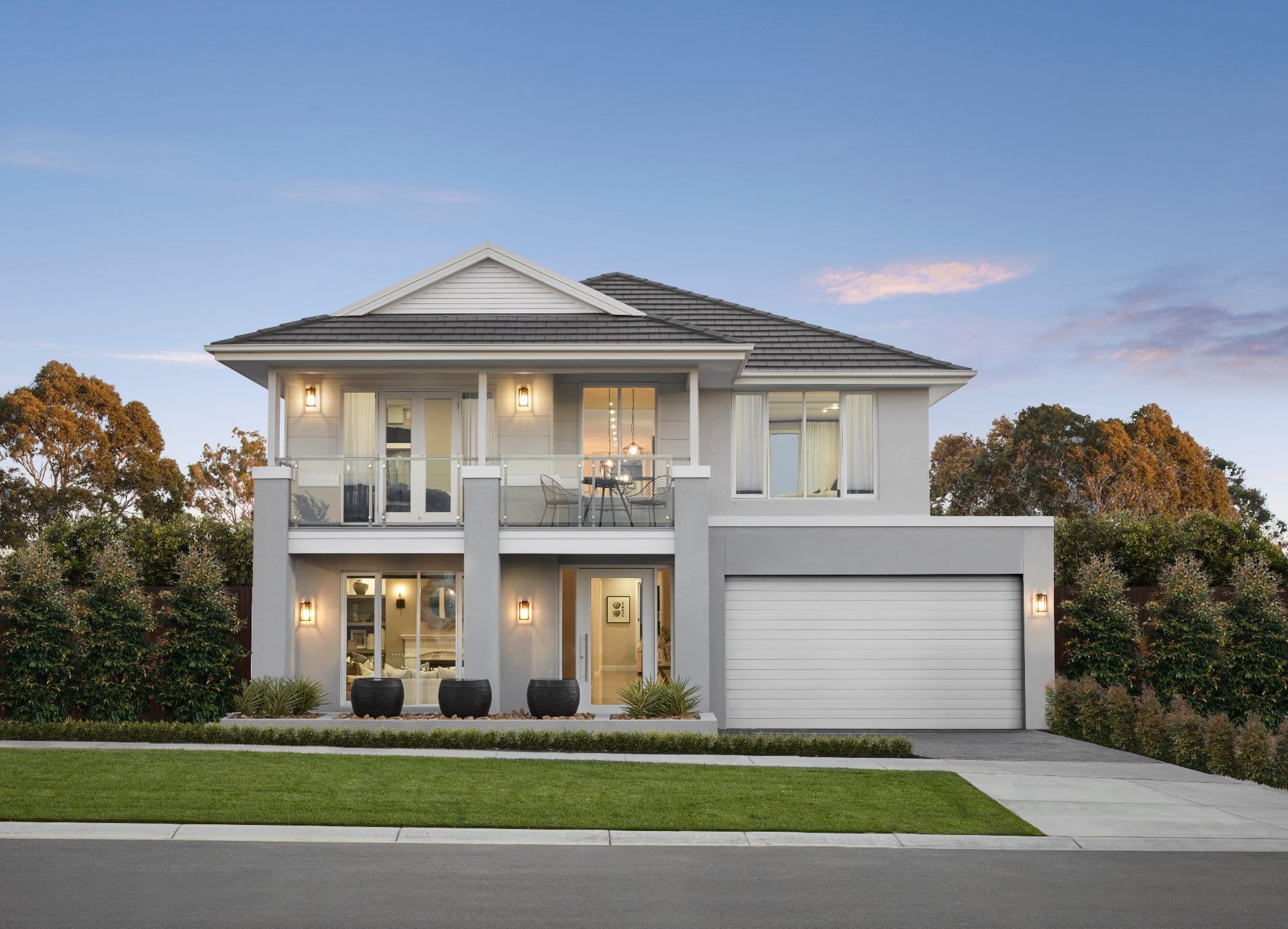 metricon vantage modern home facade design grey and white hamptons home exterior render and roof tiles