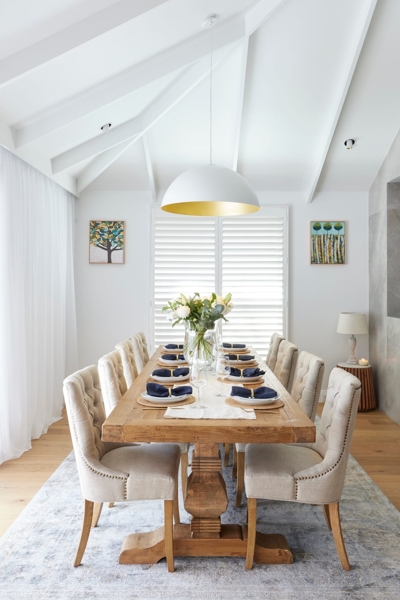 the block 2021 kirsty and jesse hamptons dining room with tufted button dining chairs