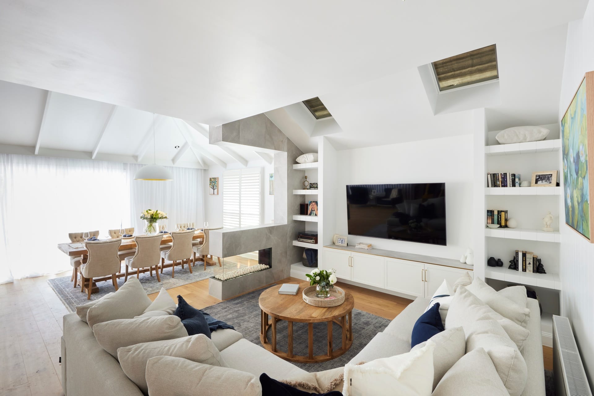 the block 2021 kirsty and jesse living and dining room open plan white sectional sofa