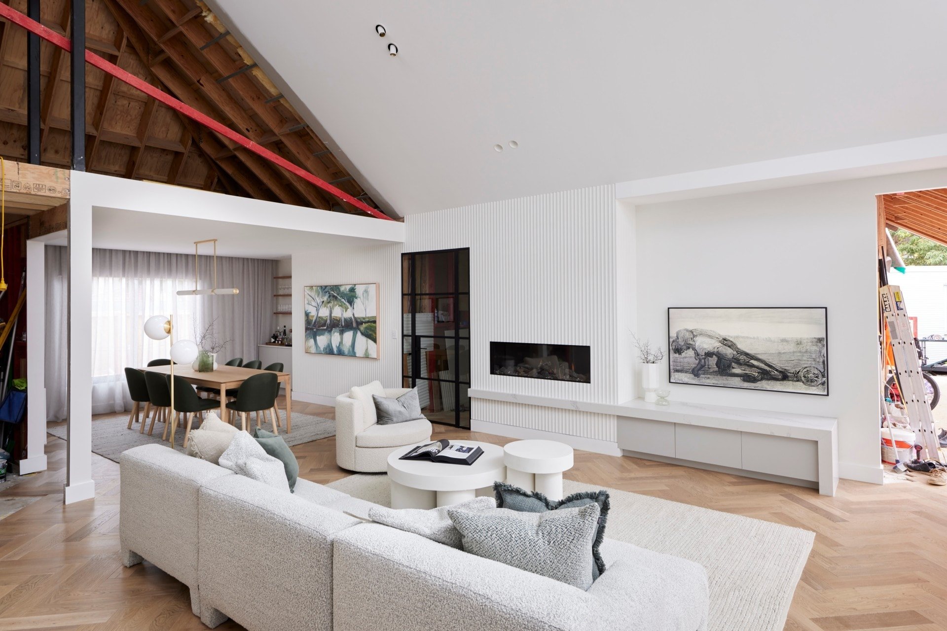 the block 2021 ronnie and georgia living room with boucle sofa artwork tv