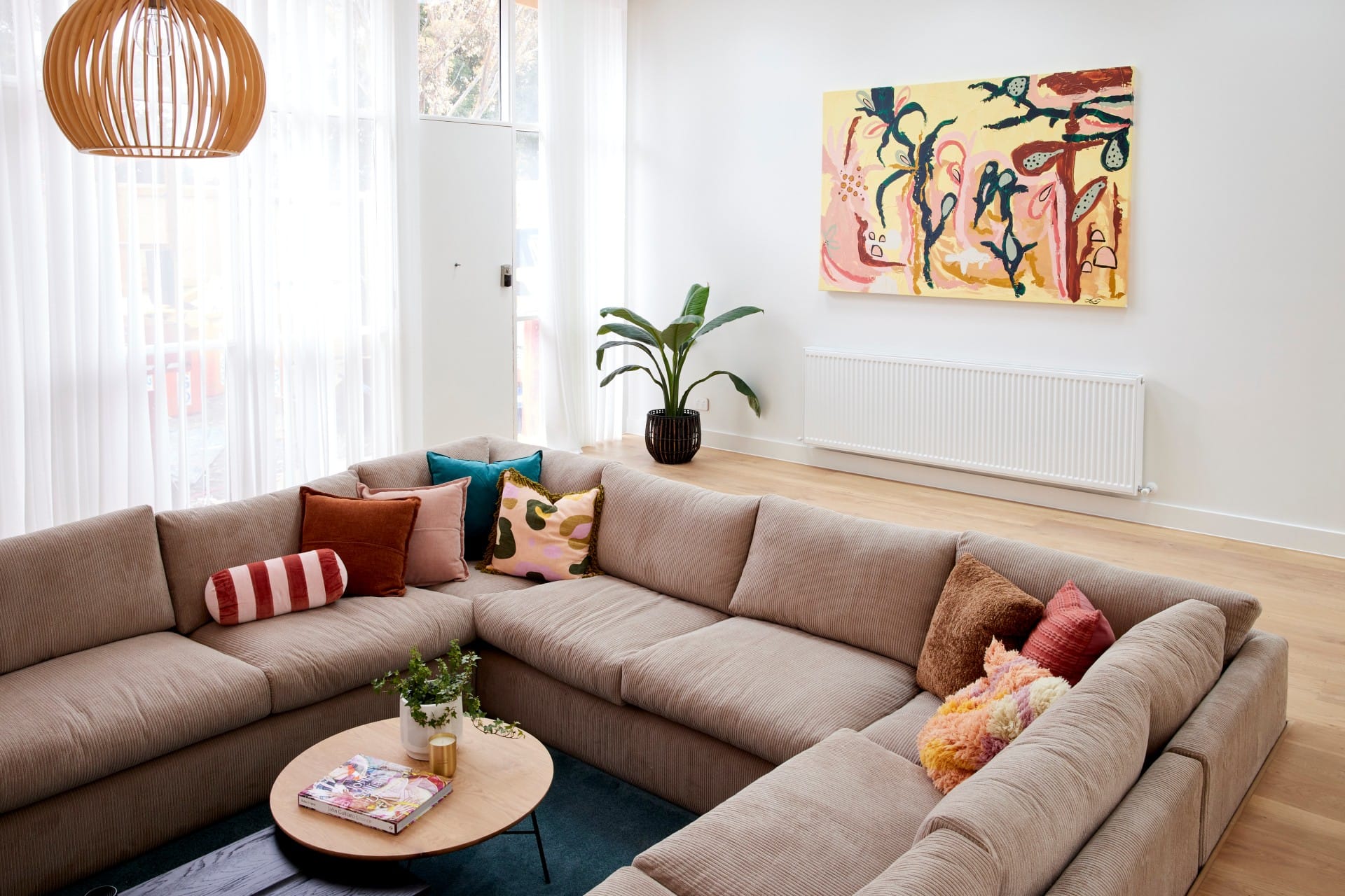 The Block 2021 Living and Dining Rooms: From Stunning to the Sunken Room 77 the block 2021 tanya and vito sunken living room with grey sectional sofa and coloured cushions