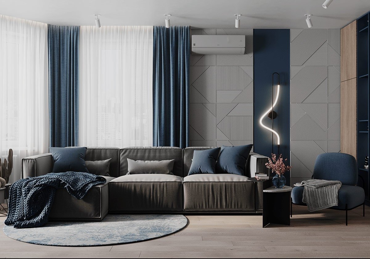 large round floor rug under sofa in modern living room