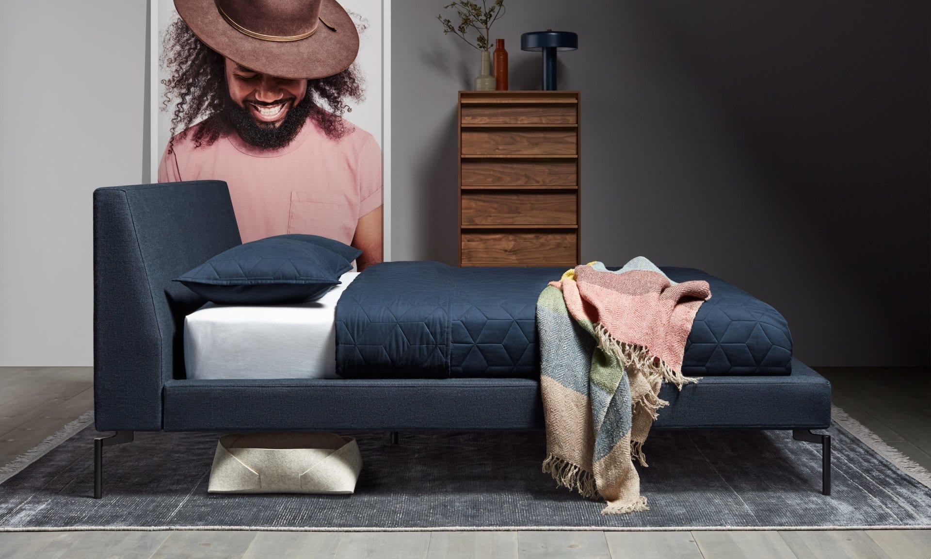 cool guys bedroom navy blue fabric bed frame and walnut furniture bludot
