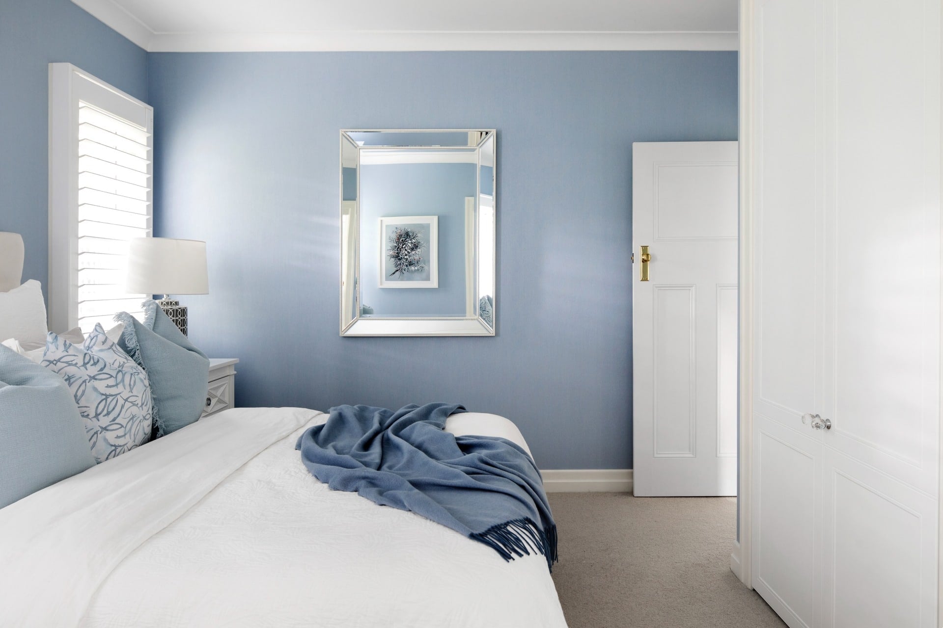 Hamptons Style Interior Design 9 hamptons bedroom with blue wallpaper and white plantation shutters
