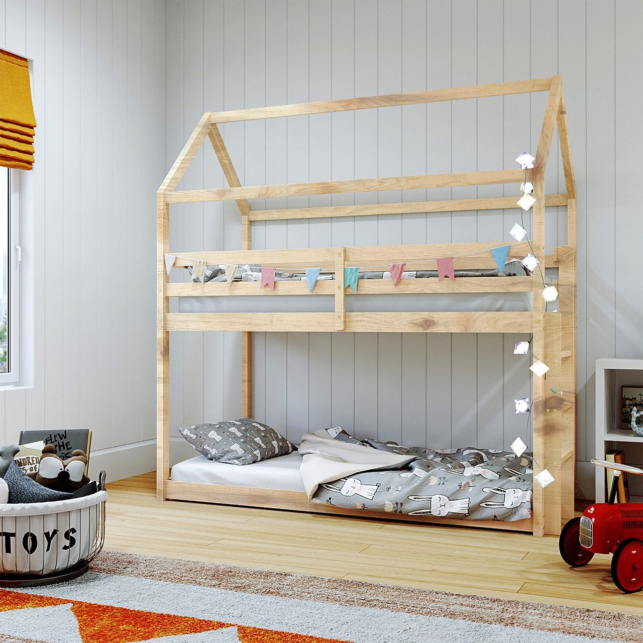 Timber House Design Twin Bunk Bed for kids room with fairy lights