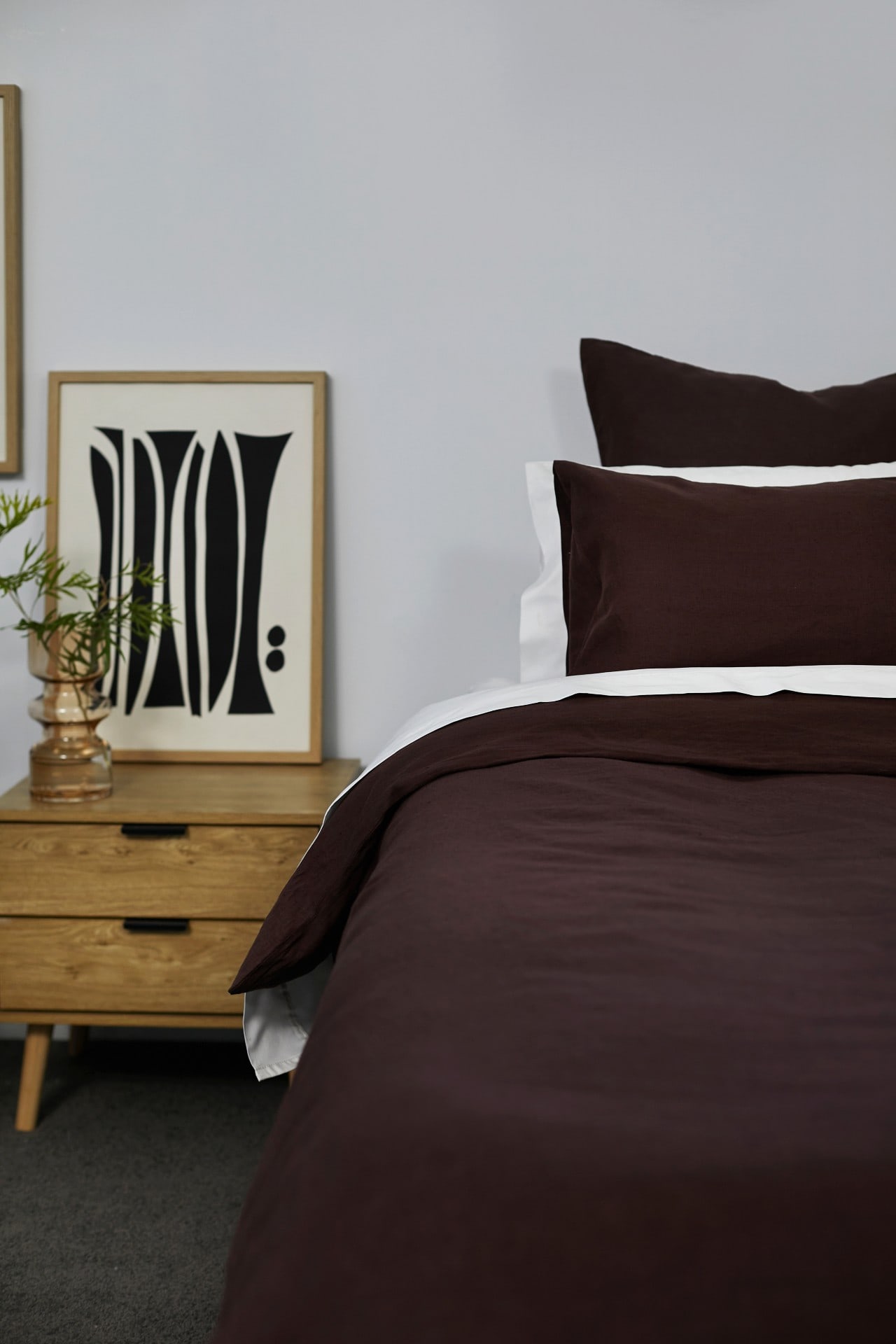 lorraine lea nook espresso quilt cover set in bedroom with oak timber bedside table