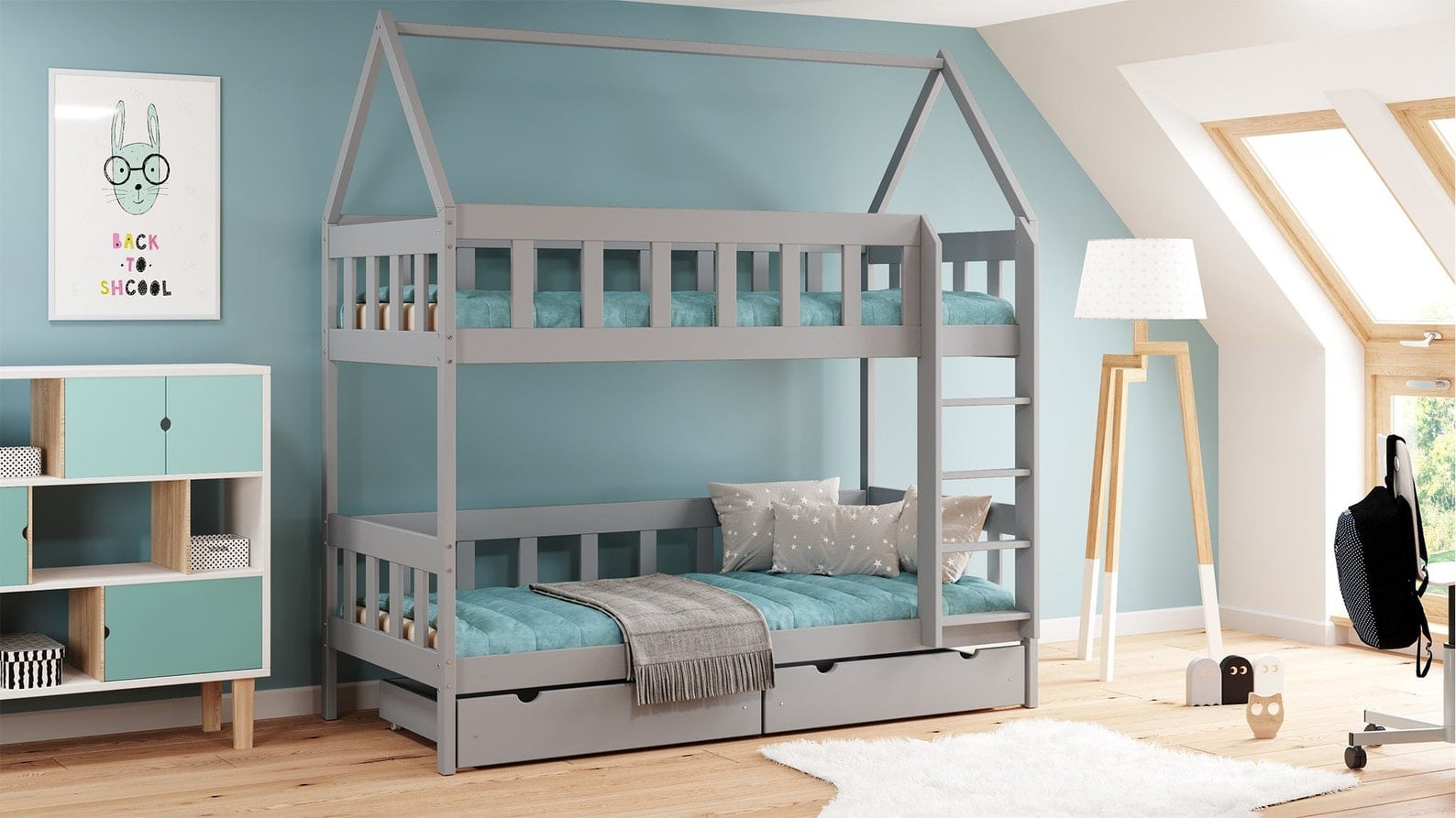 montessori kids bunk bed with wooden house frame design and drawers