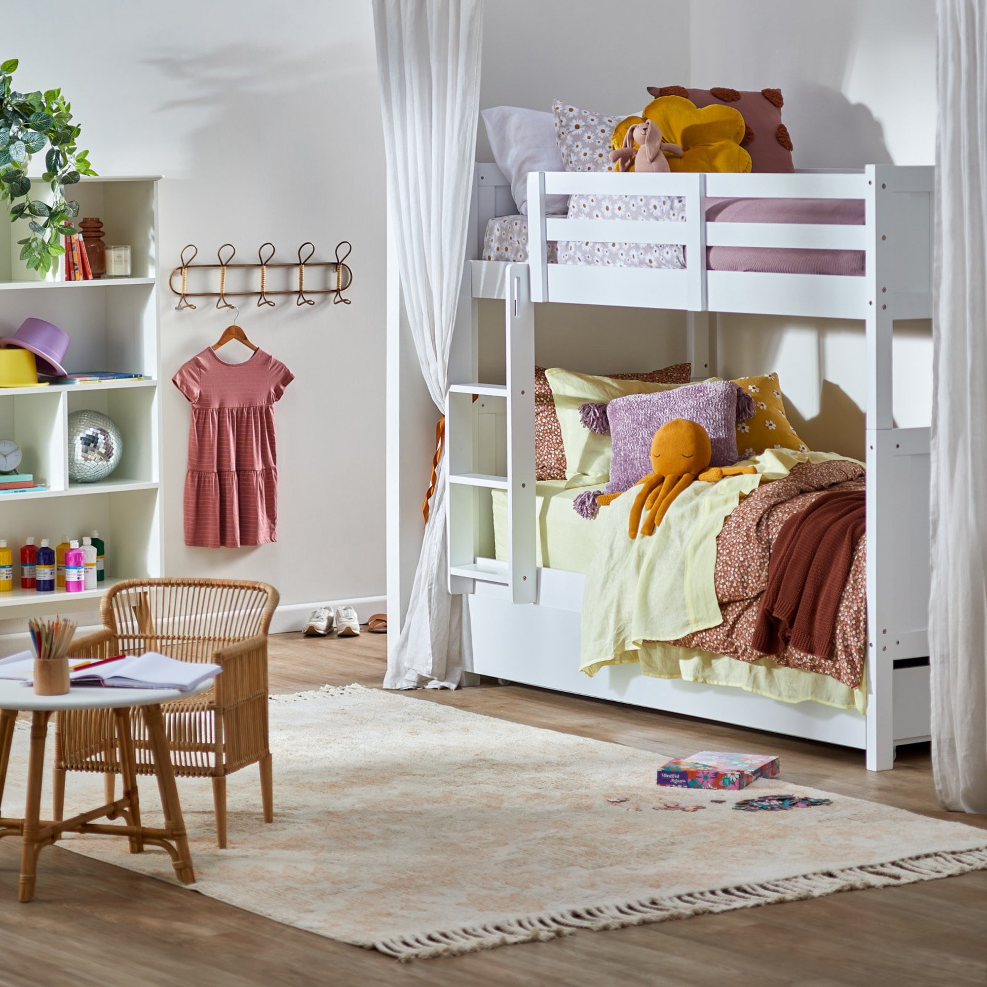 single bunk bed with shelves in white for kids room temple and webster