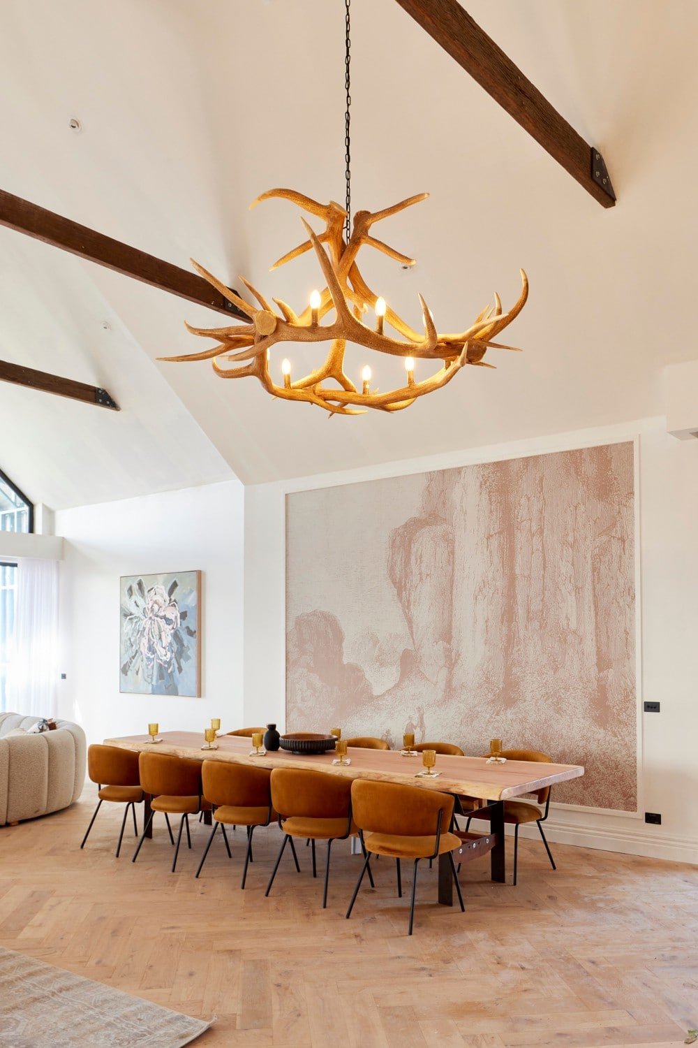 the block 2022 ankur and sharon dining room with orange velvet dining chairs