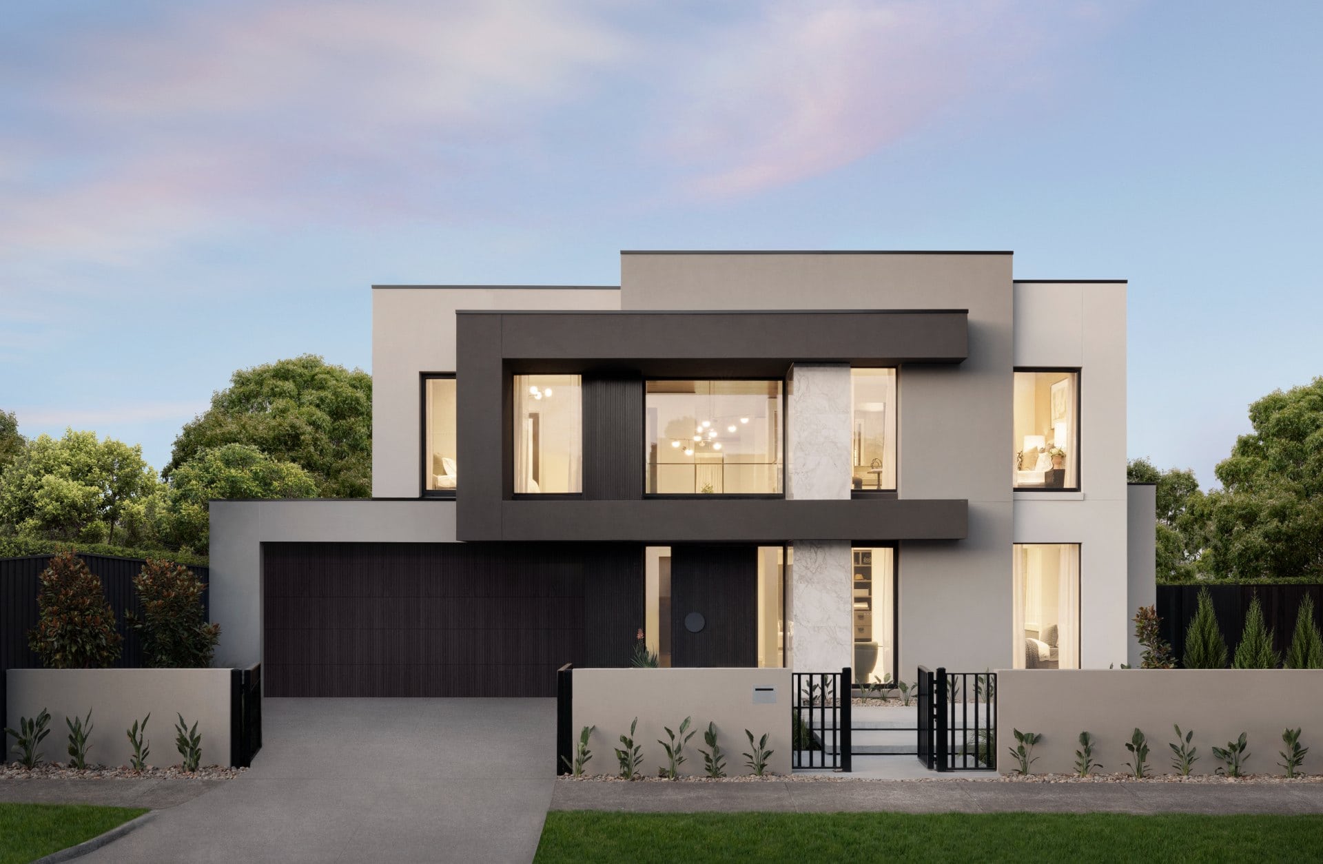 metricon lumiere display home modern facade with beige and brown render