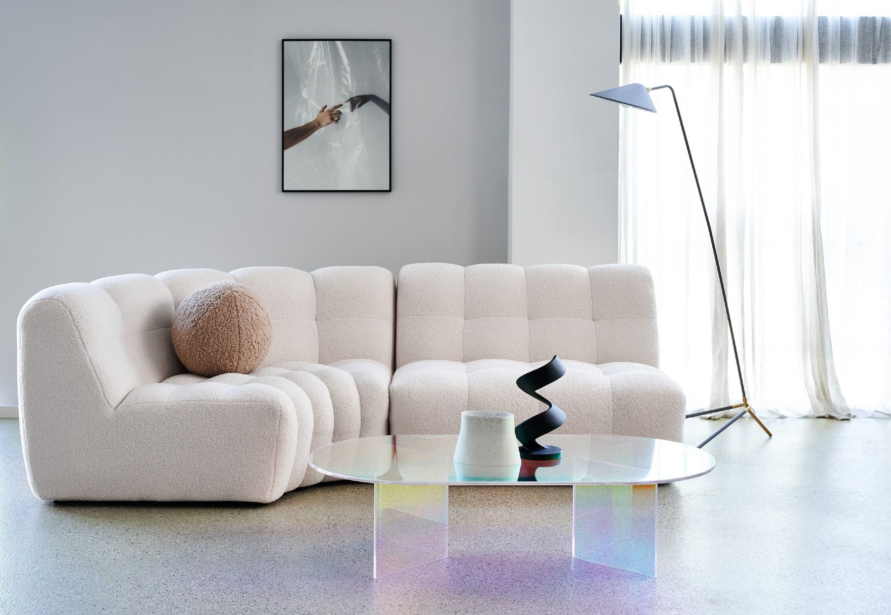 arden curved bubble sofa in white boucle trit house