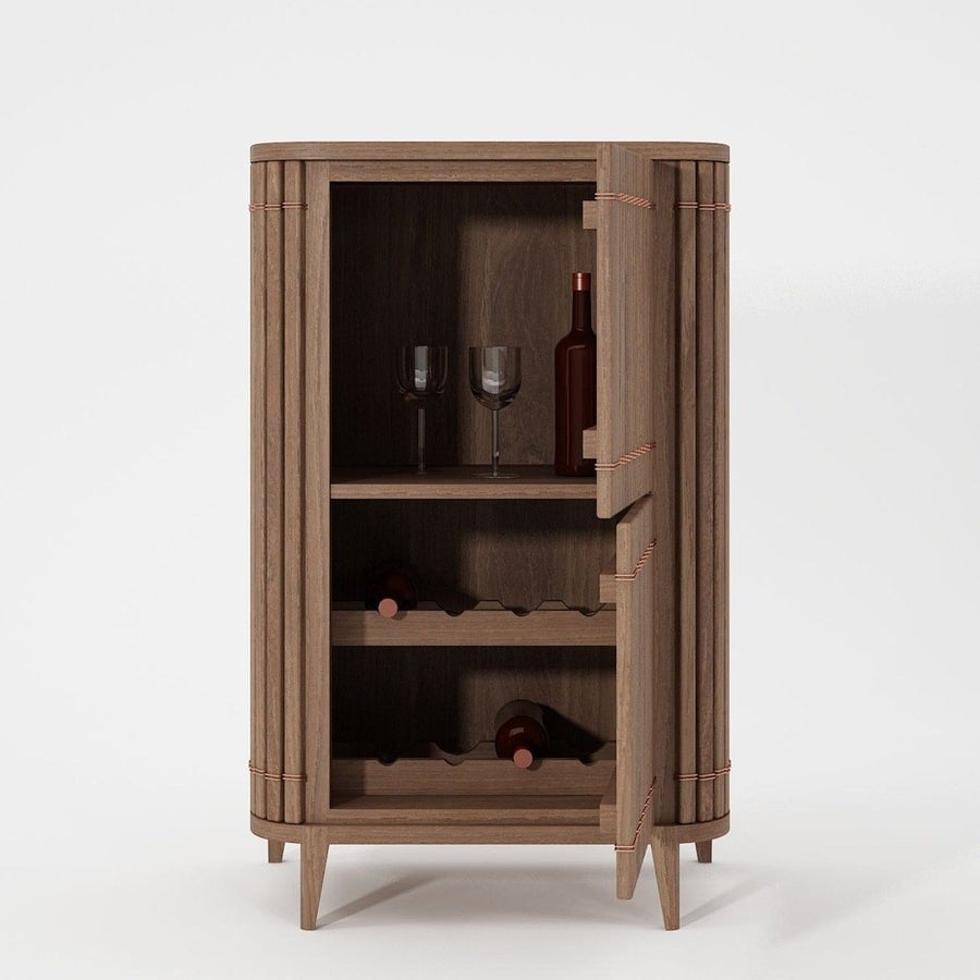 home mini bar cabinet in recycled teak with wine bottle storage shelves