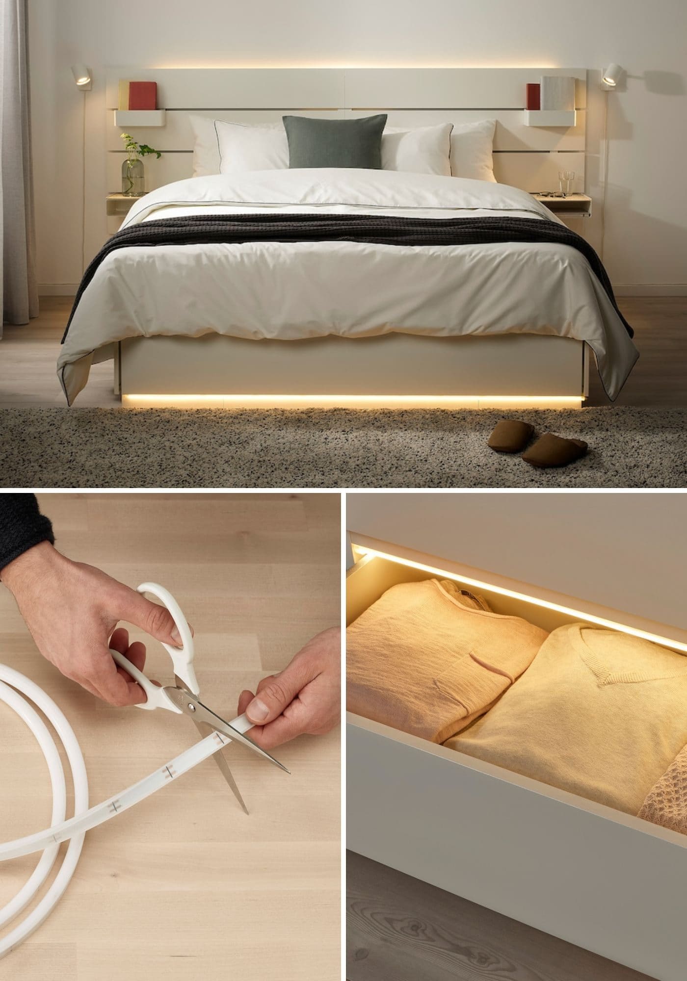 ikea led strip light under bed and in drawers for rental bedroom