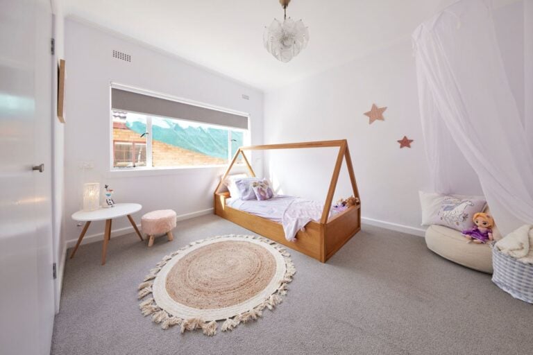 the block 2023 house decider reveal kristy and brett kids bedroom white walls grey carpet