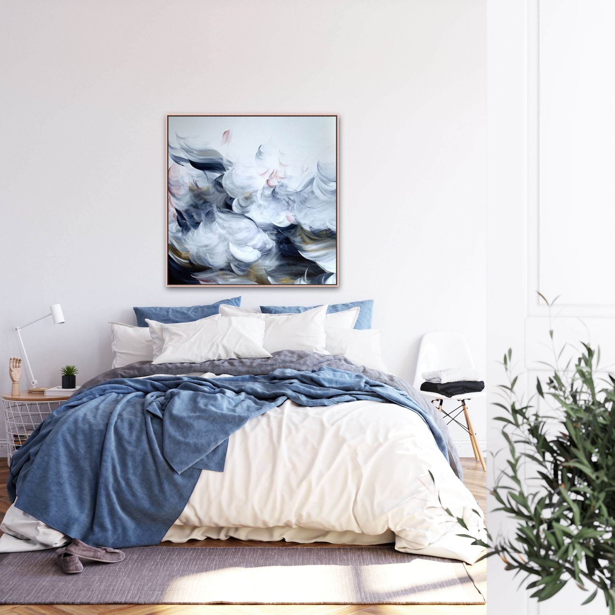 chalie macrae abstract artwork on wall in bedroom above bed