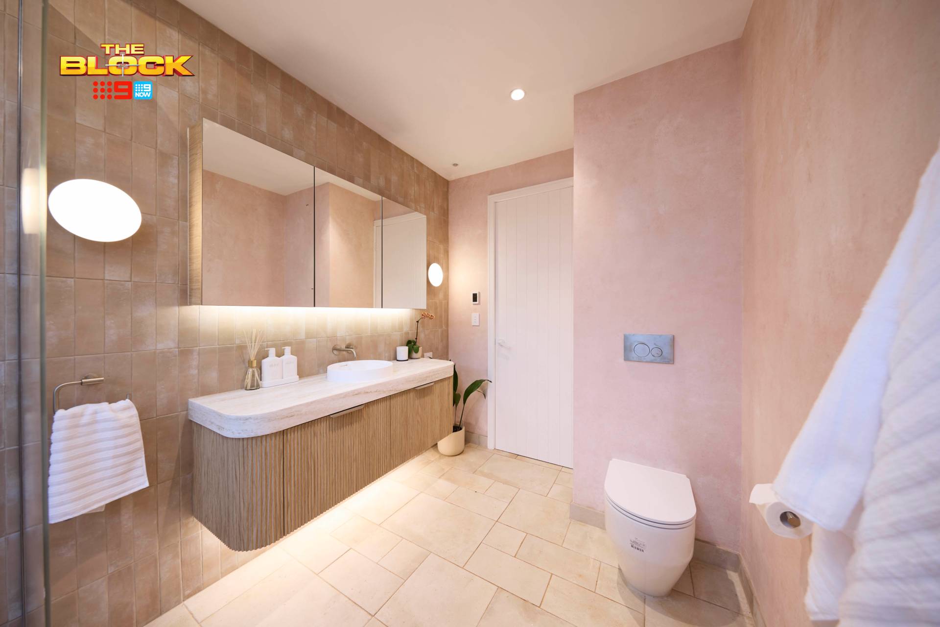 the block 2025 bathrooms reveal britt and taz pink wallpaper