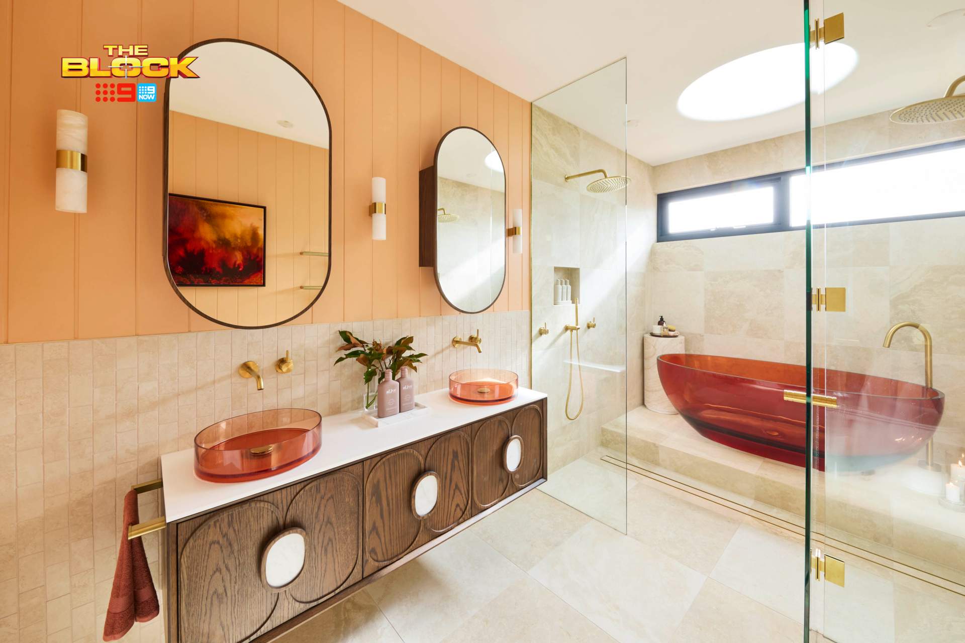 The Block 2025 Main Bathrooms Reveal: Design Sins, Wins, and That Red Bathtub 2 the block 2025 han and can main bathroom with red bath and vj paneling