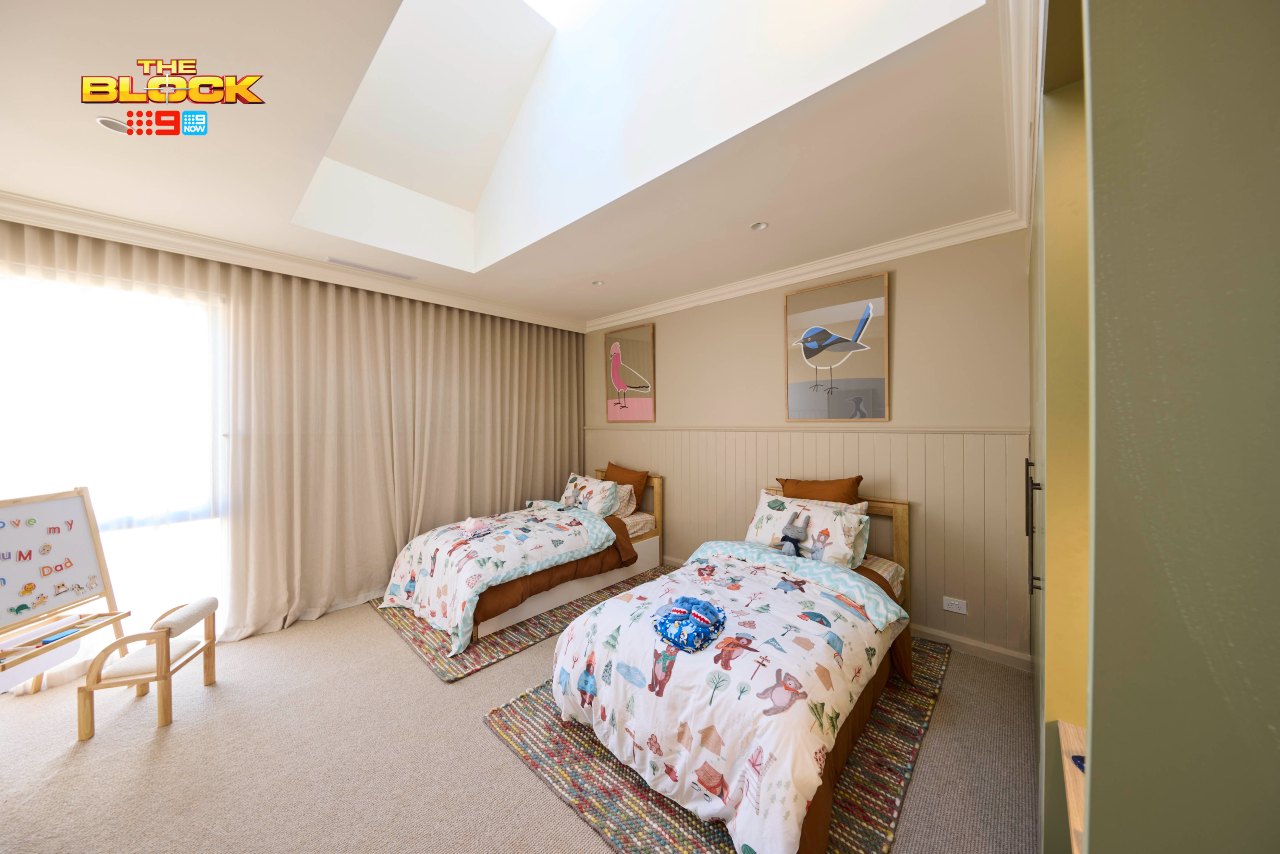 the block 2025 kids bedroom reveal robby and mat sheer curtains pooling on floor
