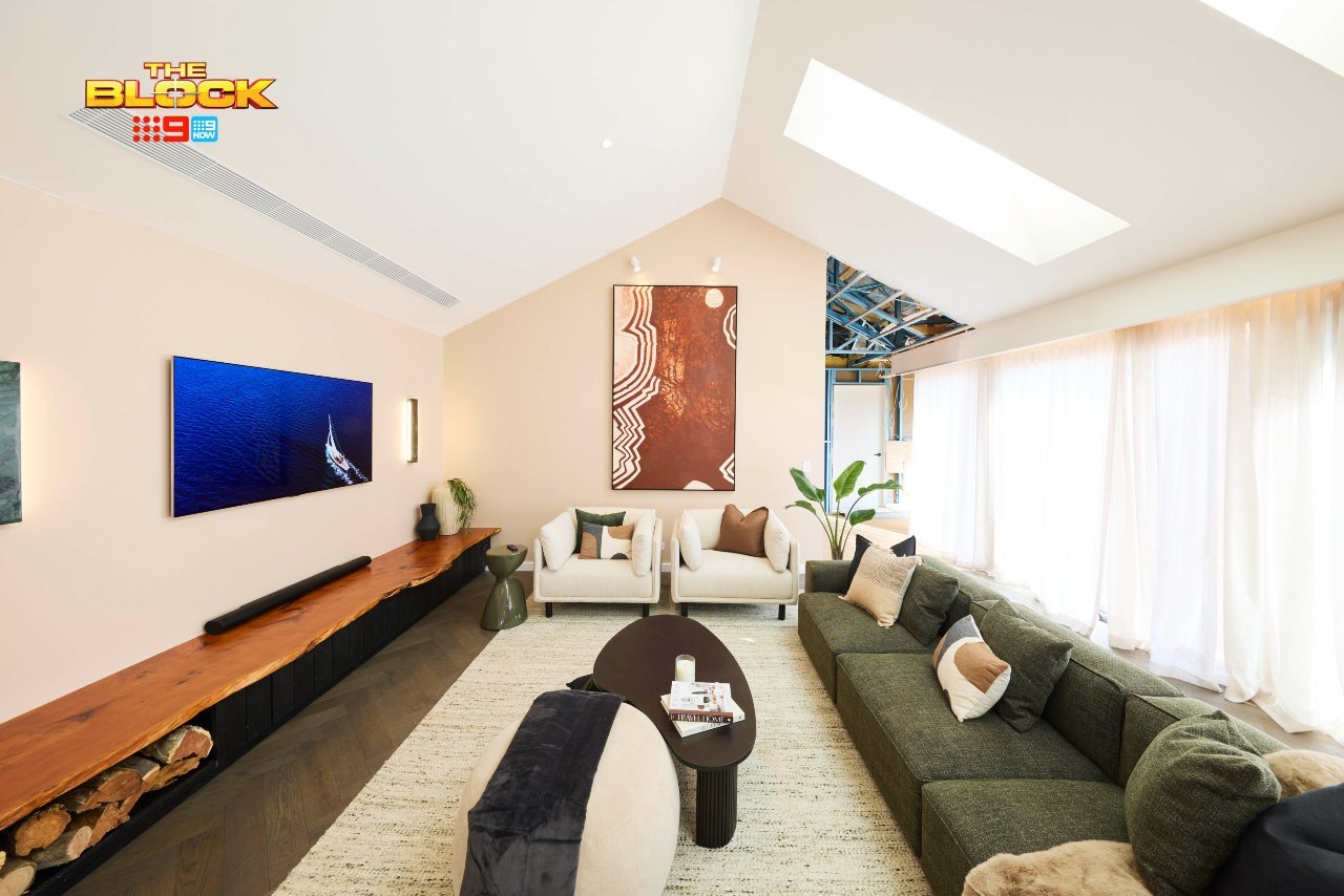 the block 2025 living room reveal emma and ben indigenous artwork