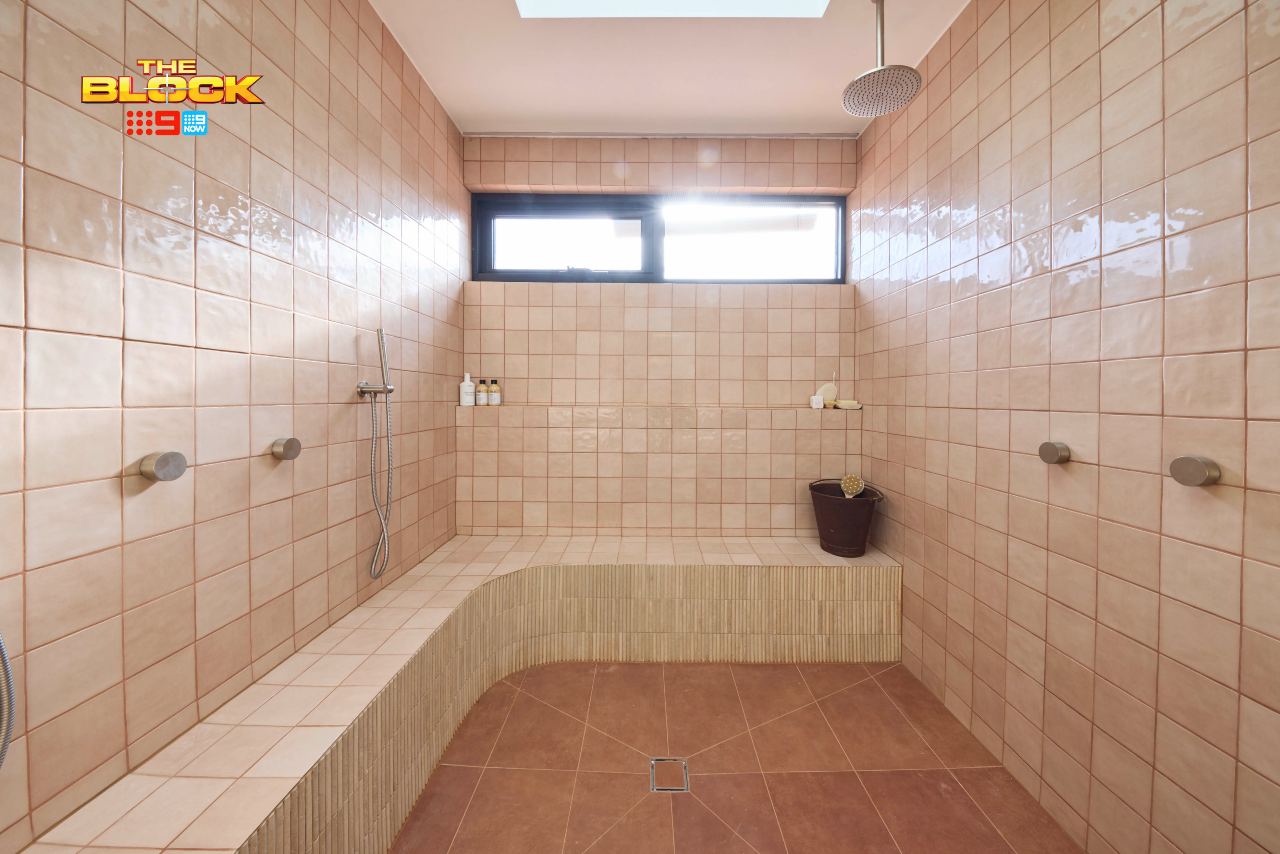 The Block 2025 Main Bathrooms Reveal: Design Sins, Wins, and That Red Bathtub 16 the block 2025 main bathrooms britt and taz shower area