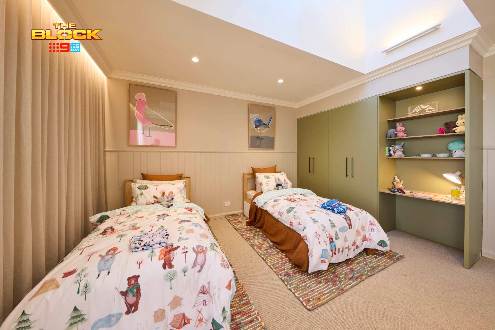 the block 2025 robby and mat kids bedroom green walls with bird artworks