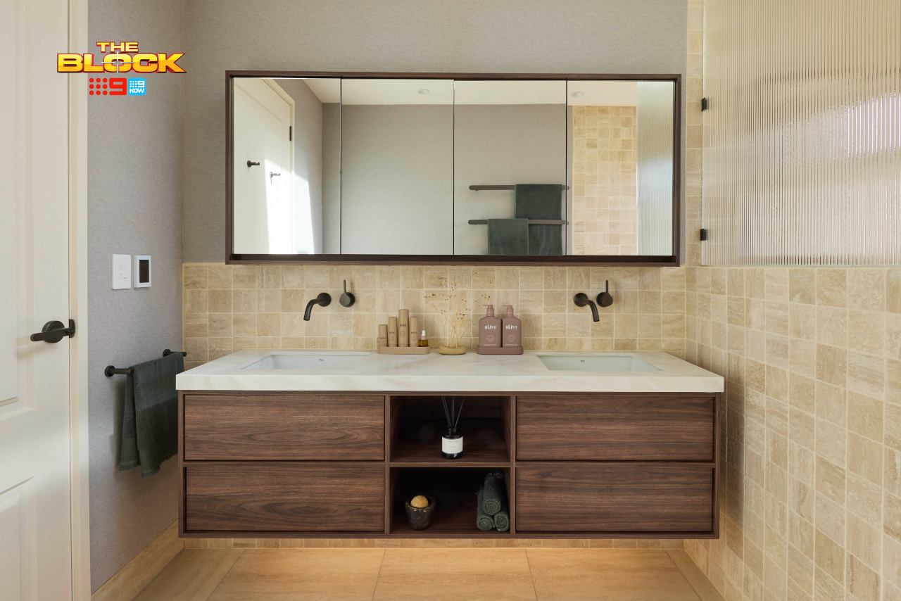 The Block 2025 Main Bathrooms Reveal: Design Sins, Wins, and That Red Bathtub 8 the block 2025 robby and mat main bathroom floating vanity