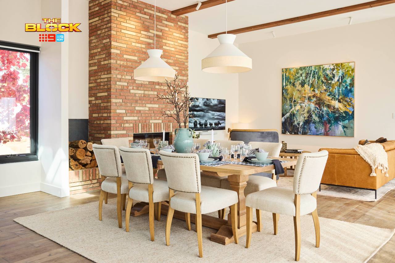 the block 2025 sonny and alicia living and dining room open plan layout with ceiling beams