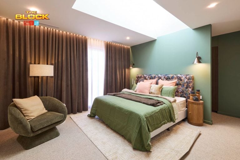 the block 2025 emma and ben guest bedroom green walls brown curtains